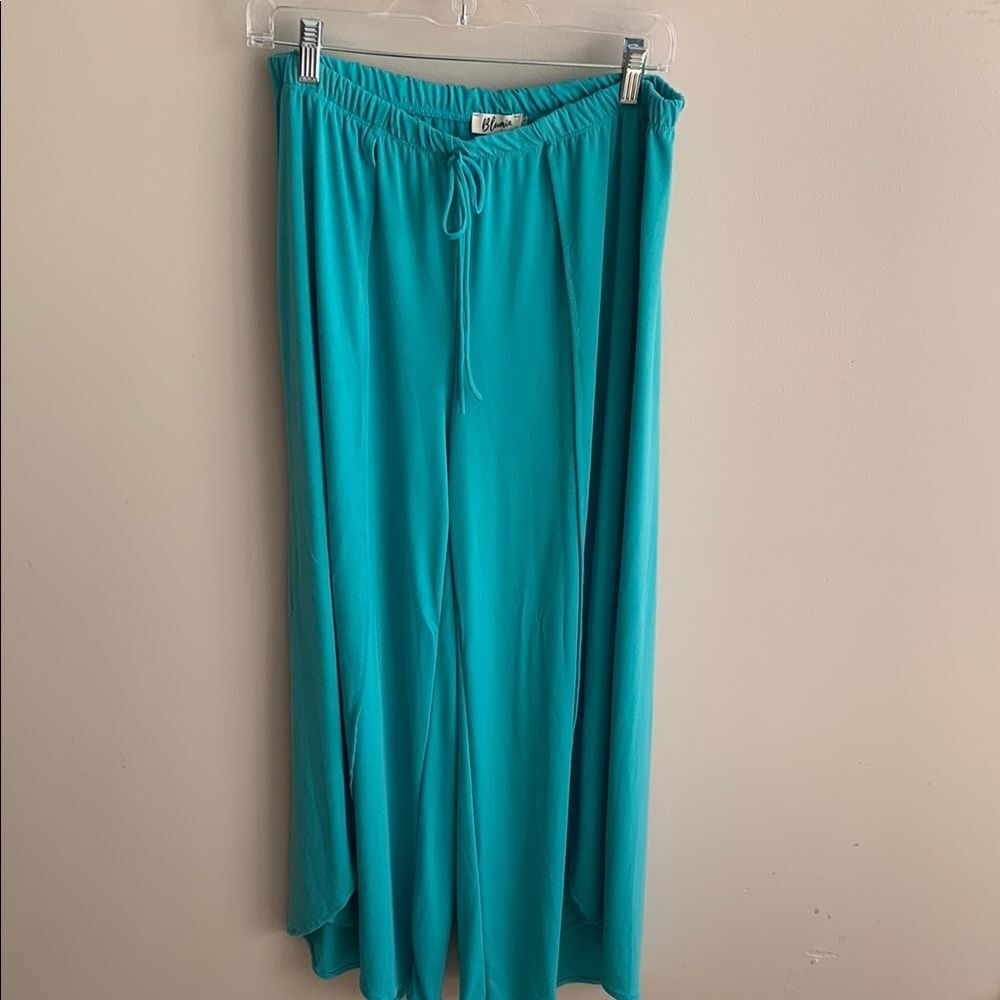 Blumin Teal Wide Leg Pants Slit Overlay Size 1X Elastic Drawstring Waist Flat 16